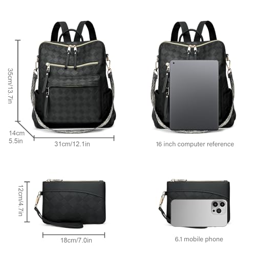 Makes Backpack Purse for Women PU Leather Travel Satchel Handbag Convertible Design Bag with Purse 2 Piece - color: Black Geometric