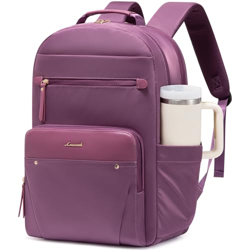 LOVEVOOK Laptop Backpack for Women with Leather Trim & Tumbler Pockets, 15.6" Work Backpack Purse, Travel Personal Item Bag, Carry On Business Computer Bag for Office, or Gift, Lustrous Plum - color: Lustrous Plum, size: 15.6 inches