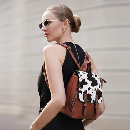 Montana West Brown Cow Print Small Backpack for Women Vegan Leather Mini Womens Backpack Purse Cute Convertible Shoulder Bag - color: Brown Cow Print