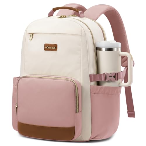 LOVEVOOK Laptop Backpack for Women with Pouch Pocket for Large Capacity Cup,17 Inch Teacher Nurse College Work Backpack Purse,Waterproof Laptop Bag Computer Back Pack for Travel, Beige-Pink-Brown - color: Beige - Pink - Dark Brown, size: 17 Inch