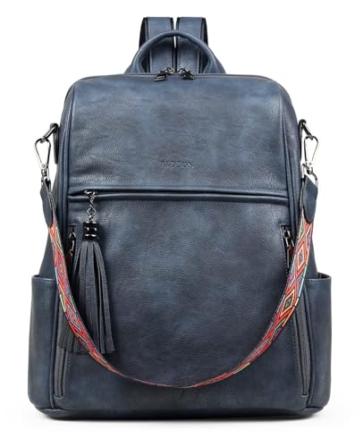FADEON Womens Backpack Purse Large Designer PU Leather Laptop Backpacks, Ladies Computer Shoulder Bags (2 Dark Blue Retro Style, Medium (14-in Height)) - color: 2 Dark Blue Retro Style, size: Medium (14-in Height)