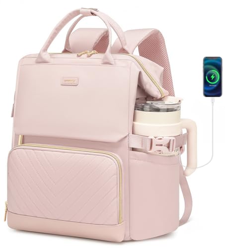 Large Bookbag for Women Laptop Backpack, Teacher Nurse Work Computer Bags with Cup Holder & USB Charger for Travel, School Bag College Back Pack for Girls, Pink - color: Pink, size: 15.6in