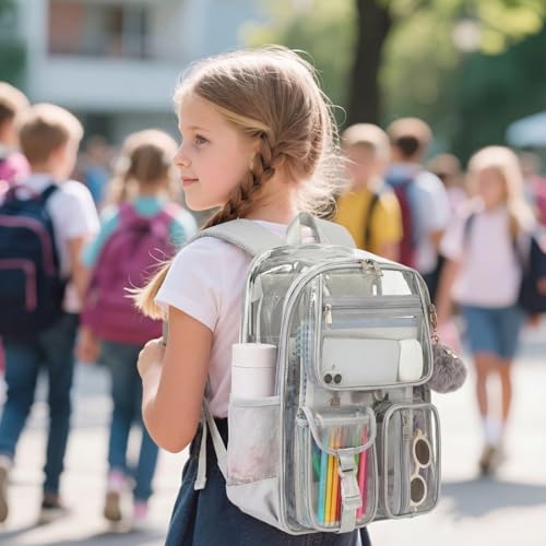 Clear Backpacks for Girls Boys, Heavy Duty PVC Transparent School Bookbag See Through Back Pack for College Work Travel (Light Grey) - color: Light Grey