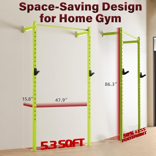 SPORTSOUL Wall Mounted Power Cage, 900lbs Squat Rack with Pull Up Bar for Home Gym, Space-Saving 2"x2" Pull-Up Station with Adjustable J-Hooks for Garage & Apartment - color: Green