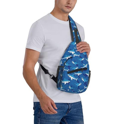 Blue cartoon Sharks Outdoor Crossbody Shoulder Bag For Unisex Young Adult Hiking Bicycling - color: 19
