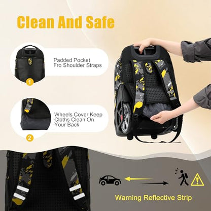 NEW TILAMI 19 Inch Rolling Backpack with Lunch Bag for Girls Boys Wheeled Laptop Backpack Durable Carry-on Bag School Travel, Doodle Yellow - color: Yellow Doodle