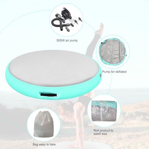 Inflatable Gymnastic Air Spot Mat Tumbling Exercise Yoga Training Mat With Pump, Inflatable Round Springboard Air Roller Gym Floor Track For Home Use/Cheerleading/Water - color: mint green