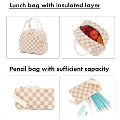 Bluboon School Backpack Set Girls Womens Laptop Bookbag Casual Daypack Fits 15 inch Laptop with Lunch Tote Bag and Pencil Bag - color: Corduroy Checkered Brown