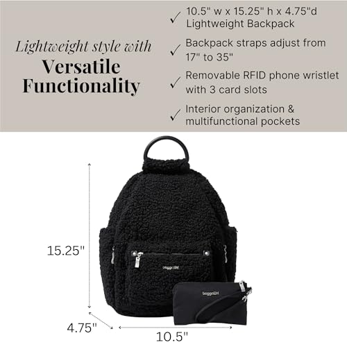Baggallini Womens All Day Backpack With RFID Phone Wristlet, Black Faux Shearling - color: Black Faux Shearling