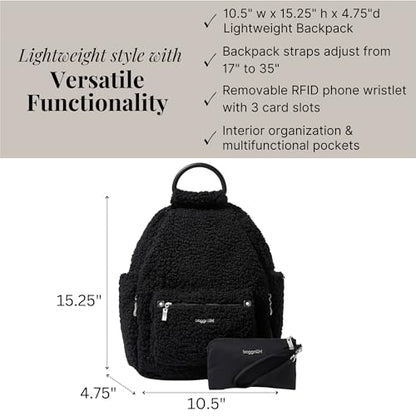 Baggallini Womens All Day Backpack With RFID Phone Wristlet, Black Faux Shearling - color: Black Faux Shearling