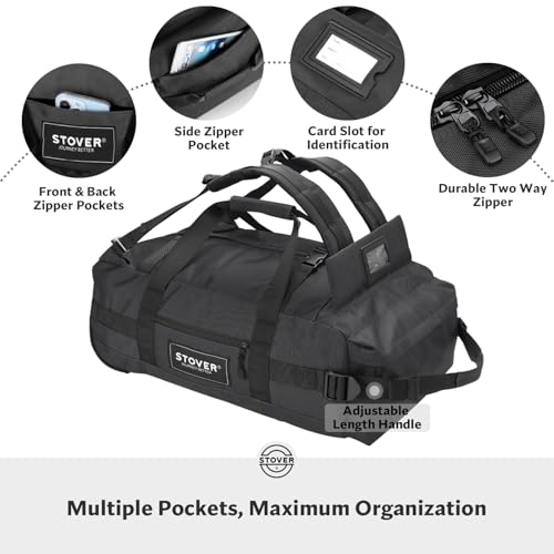 STOVER 45/80/100L Carry-On Rolling Duffel Bag with Wheels, Medium Durable Travel Duffle w/Toiletry Bag, Packable, Foldable with Shoulder Straps- Use as Luggage or Backpack, Men/Women (Black) - color: Black