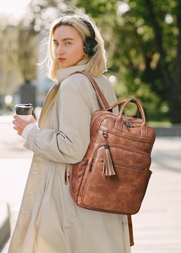 Shrrie Laptop Backpack for Women 15.6 inch Travel Leather Backpack Purse Work Computer Backpacks for Business College Brown - color: Brown