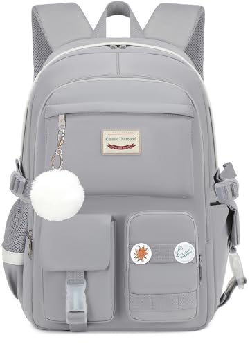 Classic Diamond School Backpack for Girls Laptop Backpack Cute Bookbag Kawaii College Backpack School Backpacks for Teens Girls Student (Grey) - color: Grey