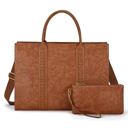 LOVEVOOK Laptop Tote Bag for Women, Vintage Leather Work Bags 17 Inch Laptop Bag With Cup Holder, Waterproof Computer Purse, Professional Business Briefcase Shoulder Handbag, Yellow Brown Embroidery - color: Yellow-brown Embroidery, size: 17 Inch