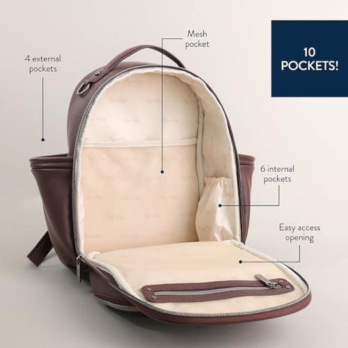 Itzy Ritzy Mini Diaper Bag Backpack – Chic, Compact Mini Plus Backpack with Changing Pad, 10 Pockets (6 Internal, 4 External), Grab-Top Handle & Rubber Feet (Espresso) - color: Espresso