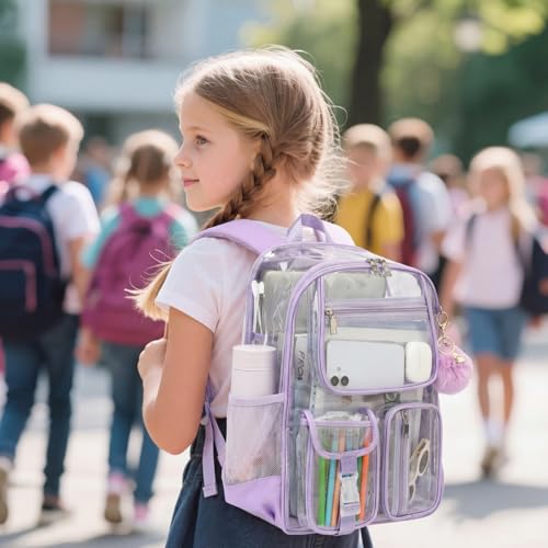 Clear Backpacks for Girls Women, Heavy Duty PVC Transparent School Bookbag See Through Back Pack for College Work Travel (Light Purple) - color: Light Purple