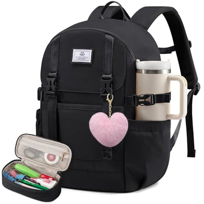 LOVEVOOK School Backpack for Teen Girls, Waterproof Travel College Bookbag for Middle High School with Large Cup Holder & Pencil Case, Fits 15.6'' Laptop, Cute Aesthetic Kids Student Backpack - color: All Black
