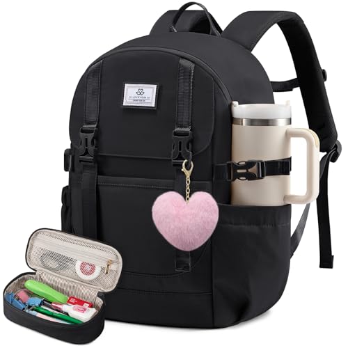 LOVEVOOK School Backpack for Teen Girls, Waterproof Travel College Bookbag for Middle High School with Large Cup Holder & Pencil Case, Fits 15.6'' Laptop, Cute Aesthetic Kids Student Backpack - color: All Black
