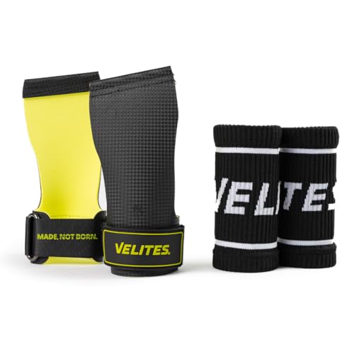 Velites - Official Crossfit® Games Quad Ultra Grips - No Chalk and Smooth Bars - Wristbands and Carry Bag Included - Pull-ups, Muscle-ups and Toes to bar - color: Black, size: Medium