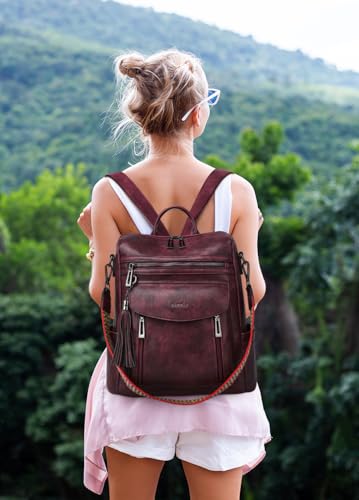 Shrrie Backpack Purse for Women Fashion Leather Backpack Purse Designer Travel Backpack Convertible Shoulder Bag with Wristlet - color: 1-8 Two-tone Maroon
