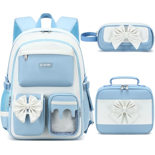 School Backpack for Girls 3PCS Nylon Kids Backpack Set with Lunch Box & Pencil Pouch, Cute Lightweight Teen Girls School Bag Laptop Bag Travel Daypack for Elementary Middle High School Beige Blue - color: Blue