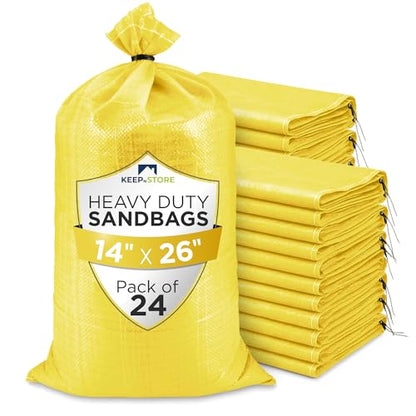 Heavy Duty Sand Bags Pack of 24, Bright Yellow Empty Sandbags with Built-In Ties, Woven Polypropylene UV Protection 1600 Hours, Fillable Bags for Flood Control, Weight, 14x26 inches, 50 Pounds Volume - size: 14"W x 26"L, style: Pack of 24