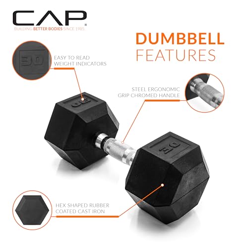CAP Barbell Coated Hex Dumbbell Weight - Single | 10-120 lbs | Multiple Options - size: 30 lb, style: Chrome Handle