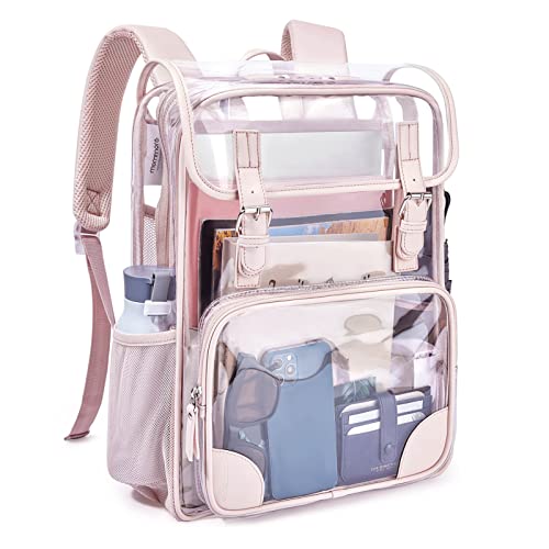 mommore Clear Backpack for School Heavy Duty PVC Transparent Bookbag for Girls Stadium Approved See Through Backpack - color: Pink, style: Clear Backpack