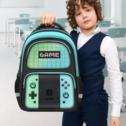 Kids Backpack For Boys，Gamer Boys Backpack For Children Teens Elementary Middle School, 17″ Students Bookbag - color: Backpack-sw-green & Blue