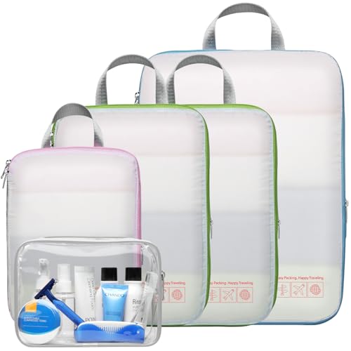 Cambond Compression Packing Cubes for Travel - Lightweight Expandable Travel Bags Luggage Organizers Travel Essentials Compression Cubes for Travel Space Saver for Carry on Suitcases Organizer - color: 03 White, size: 5-Piece Set (Standard Business/Solo T