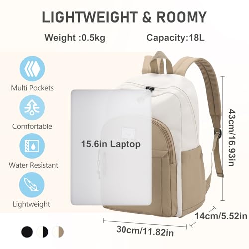 Kasqo School Backpack,Water Resistant Middle High School Bookbag for Teens Girls Boys School Bag Casual Women Men Daypack for Travel College White Khaki - color: White Khaki