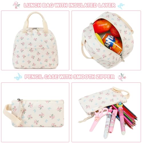 BTOOP School Backpacks for Teen Girls Bookbags Lightweight Kids Backpack School Bags Set with Lunch Box Pencil Case - color: Blue Bow-pink Flower