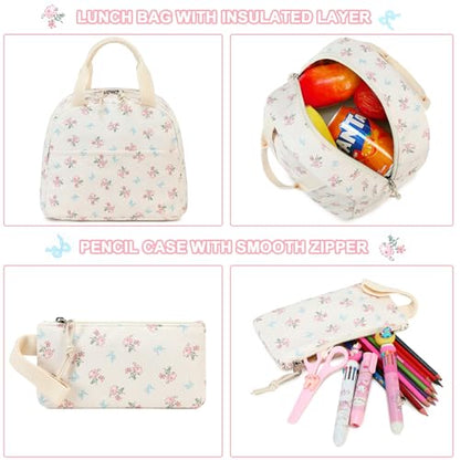 BTOOP School Backpacks for Teen Girls Bookbags Lightweight Kids Backpack School Bags Set with Lunch Box Pencil Case - color: Blue Bow-pink Flower