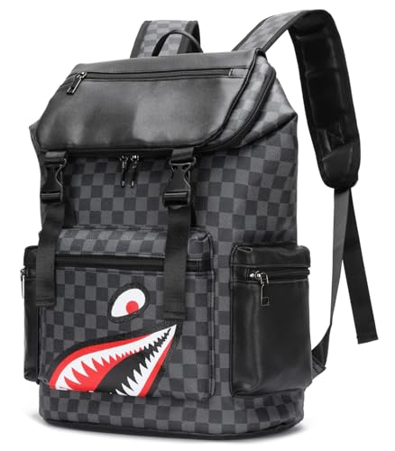 Leather laptop backpack, PU leather backpack Men Women, casual backpack, water-resistant, for daily commuting, work travel (Black-L) - color: Black-02