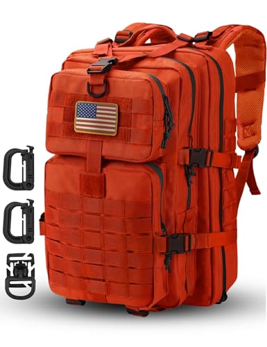 Hannibal Tactical MOLLE Assault Backpack, Tactical Backpack Military Army Camping Rucksack, 3-Day Pack Trip w/USA Flag Patch, D-Rings, Orange - color: Orange