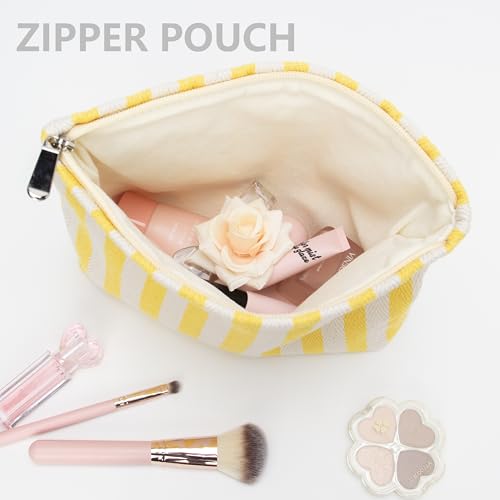 PAZIMIIK Makeup Bag Large Cotton Zipper Pouch for Purse Travel Canvas Make Up Organizer for Women Cosmetic,Stripe Yellow - color: Stripe Yellow