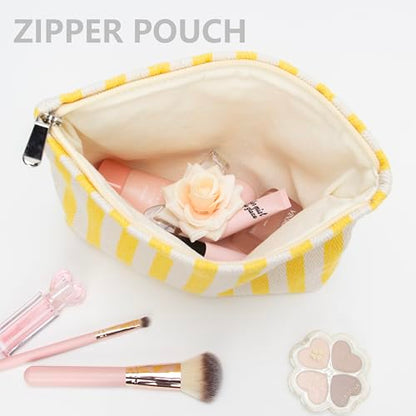 PAZIMIIK Makeup Bag Large Cotton Zipper Pouch for Purse Travel Canvas Make Up Organizer for Women Cosmetic,Stripe Yellow - color: Stripe Yellow