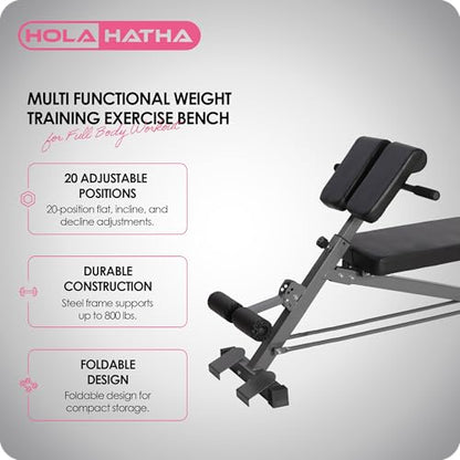 HolaHatha Adjustable Flat & Decline Bench, Weight Lifting and Training Equipment for Full Body Workout - Padded Seat and Dumbbell Storage