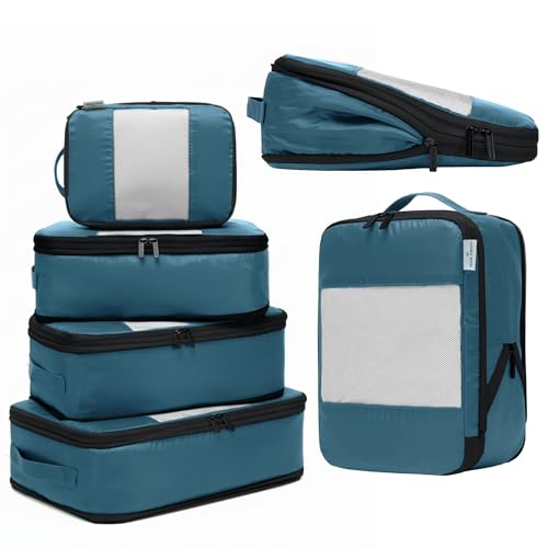 6-Pack Large Compression Packing Cubes for Travel - Lightweight Compression Packing Cube Set, Water-Resistant Luggage Organizer Bags & Suitcase Organizers, Travel Cubes for Carry-On, Checked Luggage - color: Teal Black, size: 6 Pack
