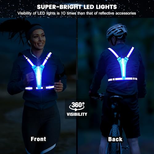 Fokia Kunbio LED Reflective Running Vest Gear,Light Up Vest Runners Night Walking USB Rechargeable,Up to 11hrs Light with Adjustable Waist/Shoulder for Women Men Kids - color: Bule