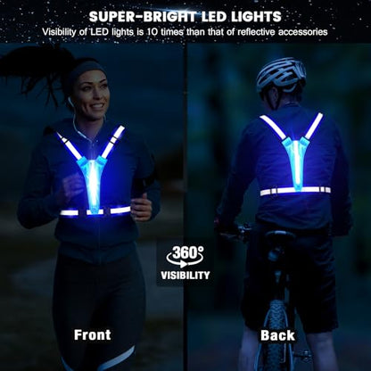 Fokia Kunbio LED Reflective Running Vest Gear,Light Up Vest Runners Night Walking USB Rechargeable,Up to 11hrs Light with Adjustable Waist/Shoulder for Women Men Kids - color: Bule