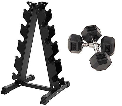 Fitvids Rubber Encased Hex Dumbbell, 25LB Pair with A-Frame Rack