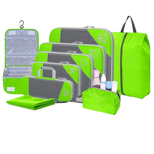 9-Set Packing Cubes with Hanging Bag | 9-Size Combination, Mesh Fabric & Reflective Stripe | Travel Luggage Organizers (Green) - color: Green