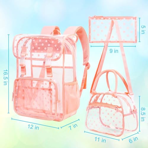 3PCS Pink Clear Backpack, Heavy Duty Transparent Bookbag for Girls Women, Stadium Approved See Through Backpack Set (Pink Dot) - color: Pink Polka Dots
