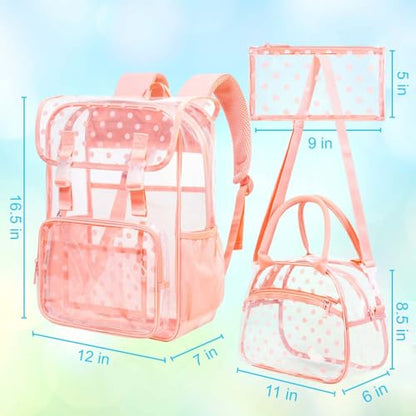 3PCS Pink Clear Backpack, Heavy Duty Transparent Bookbag for Girls Women, Stadium Approved See Through Backpack Set (Pink Dot) - color: Pink Polka Dots