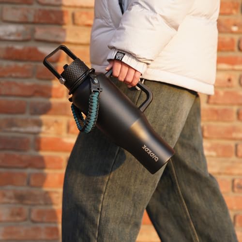 BJPKPK Insulated Water Bottles with Straw Lid, 40oz Metal Water Bottle with 2 lids & Paracord Strap, Double Wall Stainless Steel Tumbler with Handle, Reusable Cups, Mugs, Thermo, Black - color: Black, style: 40oz-Side Handle