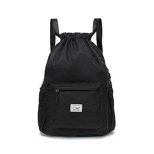 FUXINGYAO Drawstring Backpack Sports Gym Bag with Shoes Compartment, String Backpack Cinch for Women Men (Black) - color: Black