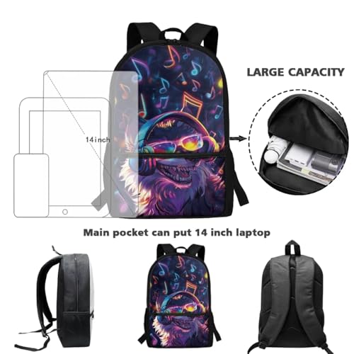 ZOUTAIRONG Boys Backpack and Insulated Thermos Cup Trendy Casual Bookbags with Side Pockets Music Wolf Printed School Bags and Water Bottle - color: Music Wolf