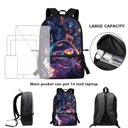 ZOUTAIRONG Boys Backpack and Insulated Thermos Cup Trendy Casual Bookbags with Side Pockets Music Wolf Printed School Bags and Water Bottle - color: Music Wolf