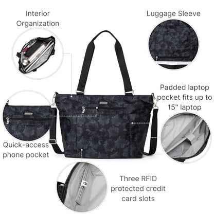 Baggallini Essential Laptop Tote - Work Tote Bag with Laptop Sleeve - Lightweight Travel Crossbody Shoulder Bag for Women - color: Midnight Garden